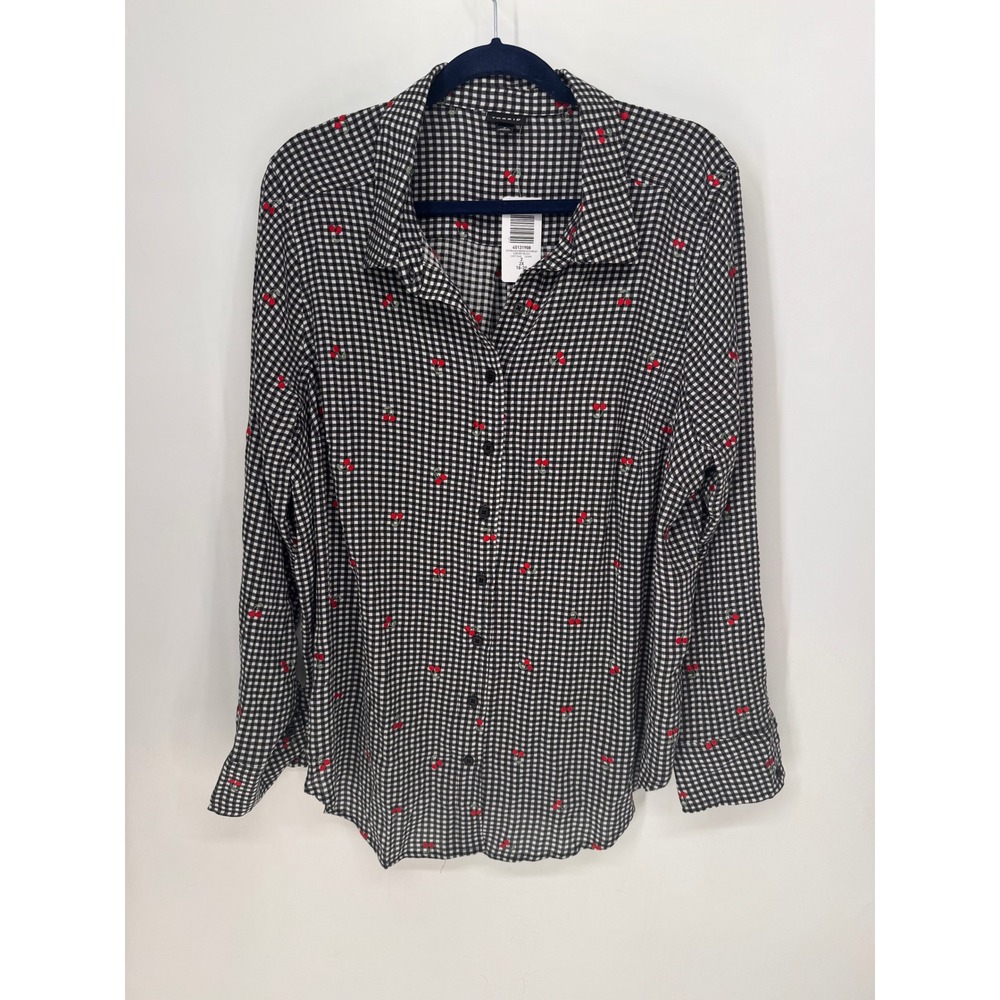 Torrid Button Down Women 2X Black NWT Gingham Cherry Embroidered Crinkle Gauze